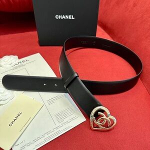 CHANEL Black Leather Belt with Gold Heart CC Buckle
